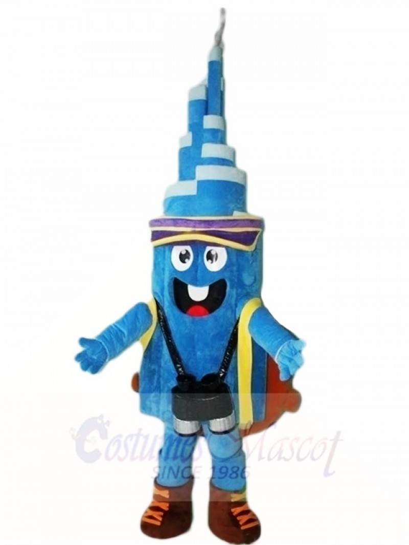 Blue Tower with Hat and Backpack Mascot Costumes  