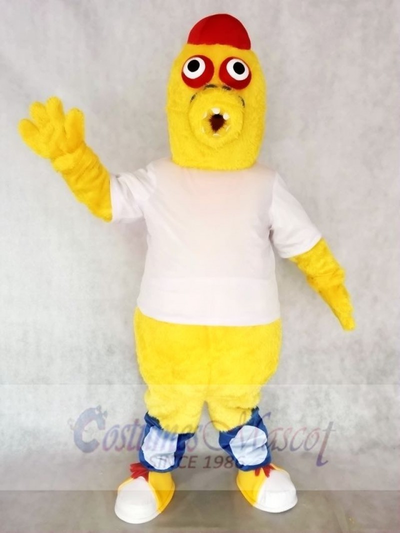 Red Hat Yellow Monster in White Shirt Mascot Costumes 