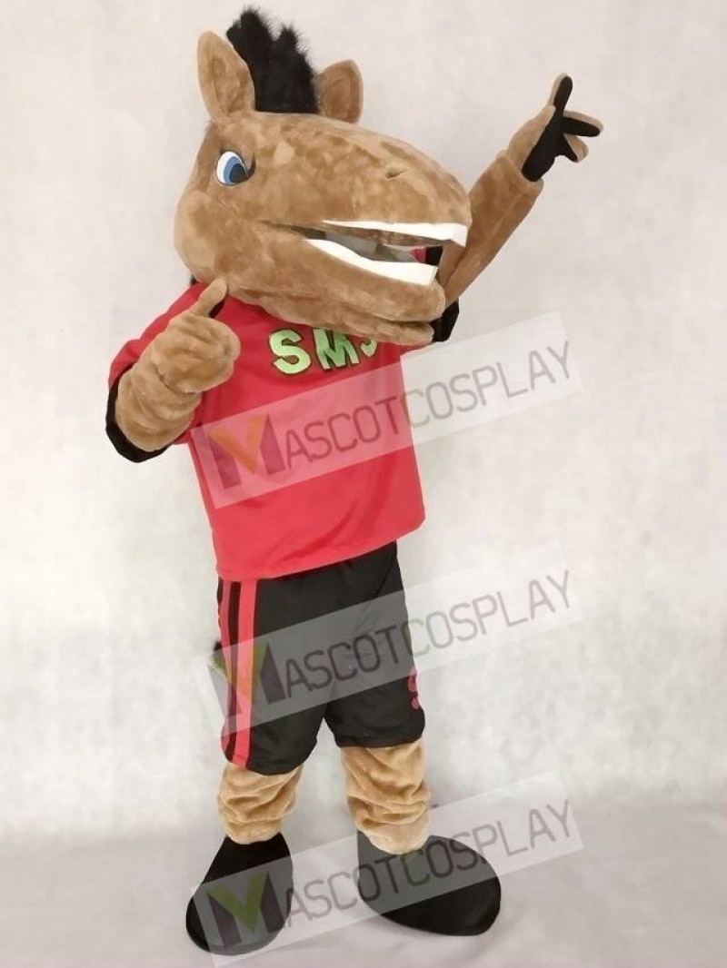 New Sport Team Broncho Horse in Red Shirt with Black Shorts Mascot Costume