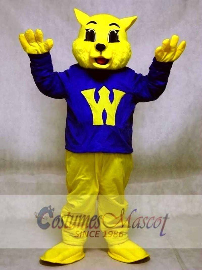 Cute Winner Wildcat Cat Mascot Costumes in Blue Shirt Animal