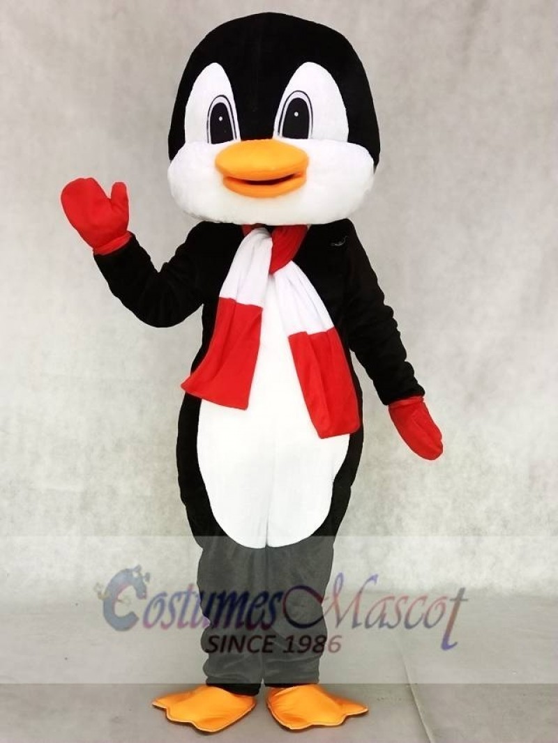 Penguin With Red and White Scarf Mascot Costumes
