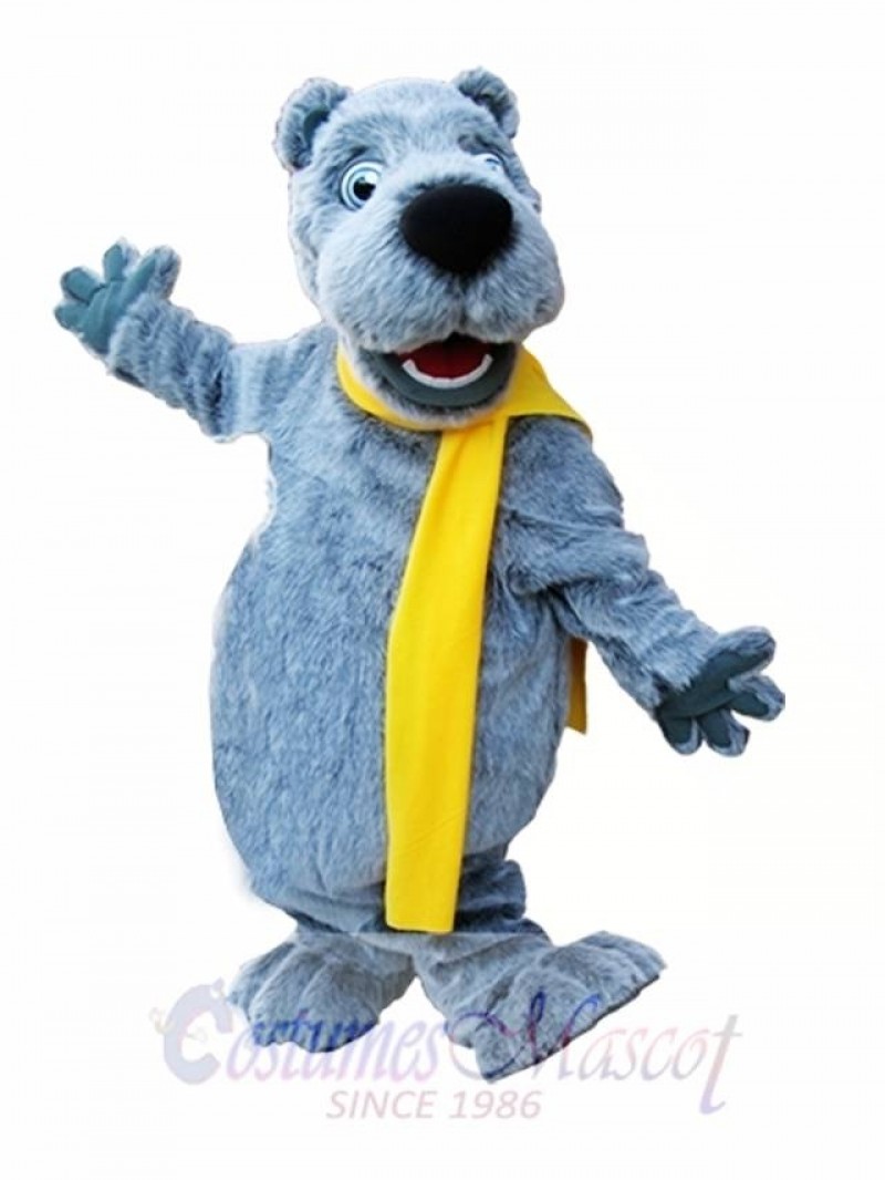 Gray Bear with Yellow Scarf Mascot Costume Grey Bear Mascot Costumes