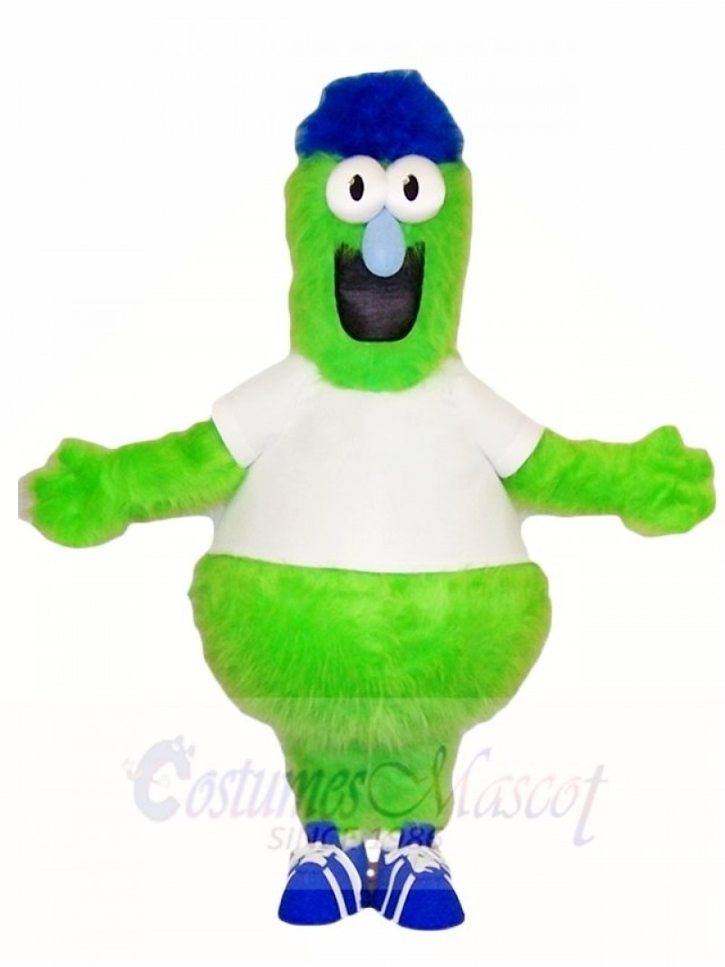 Fluffy Green Monster with Blue Hat Mascot Costumes 