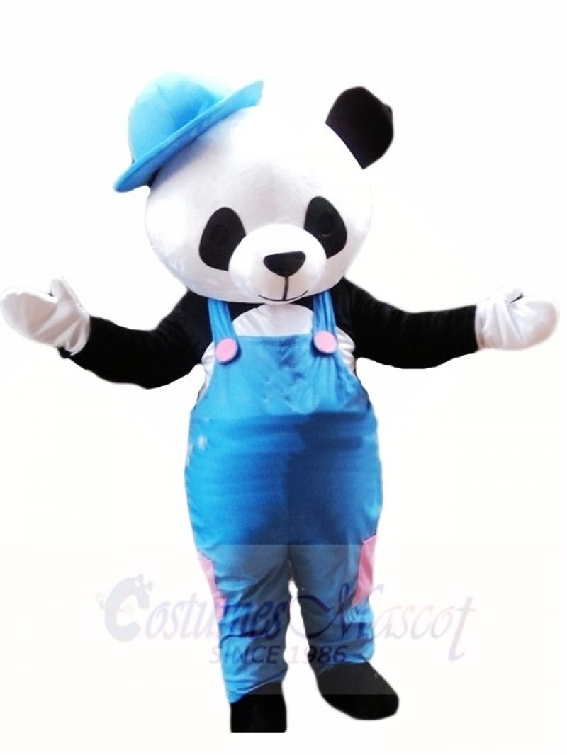 Cute Panda with Blue Overalls and Hat Mascot Costumes Animal