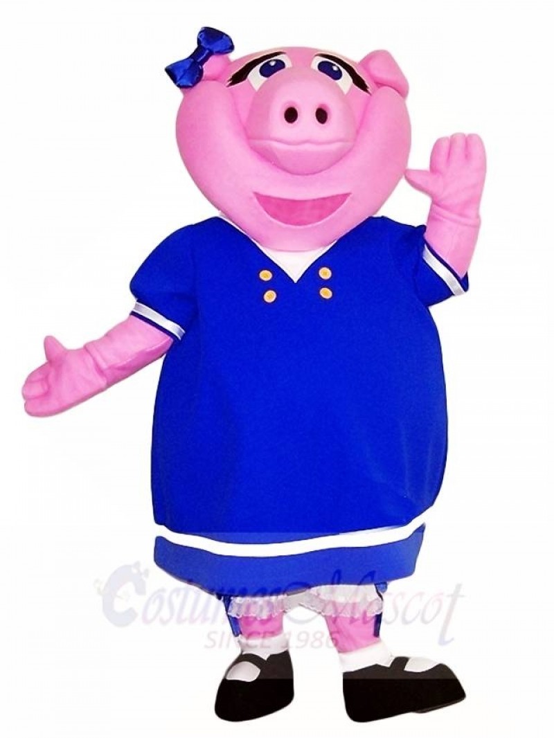 Pink Pig in Blue Dress Mascot Costumes Farm Animal