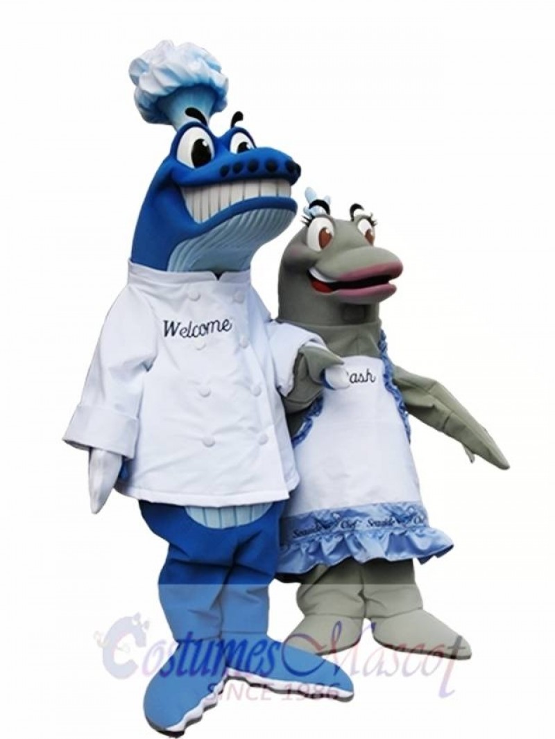 Blue Whale Chef on left Mascot Costumes