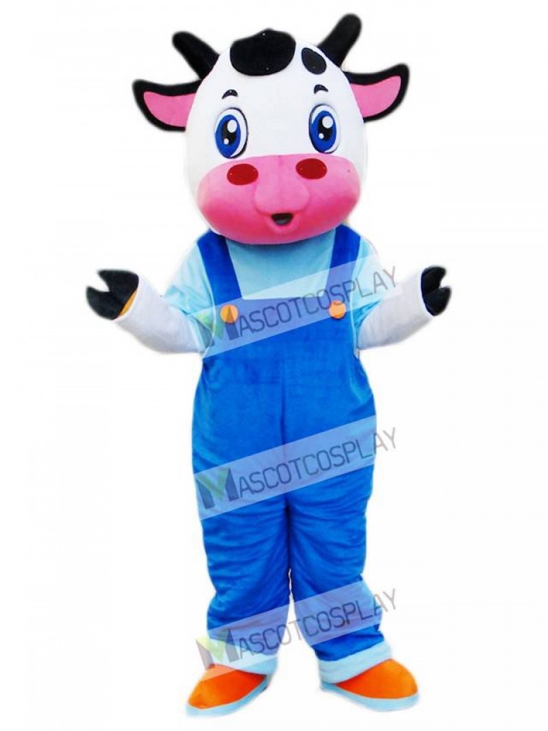 Cow in Blue Overalls Mascot Costume