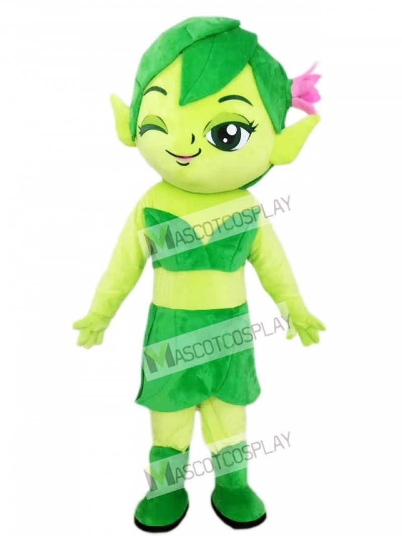 Green Female Elf Wizard with Flower Mascot Costume