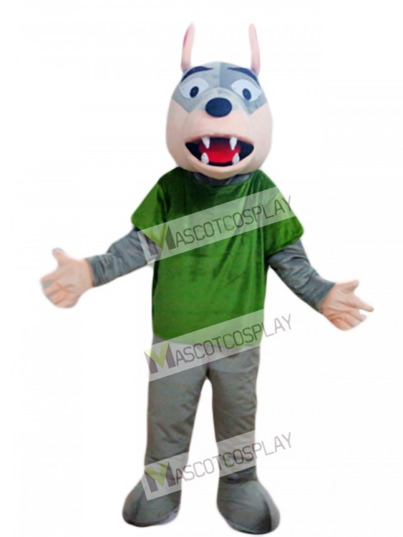 Gray Wolf in Green Shirt Mascot Costume