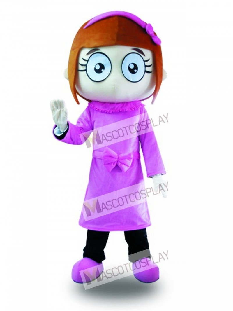 Purple Dress Big Eyes Girl Mascot Costume
