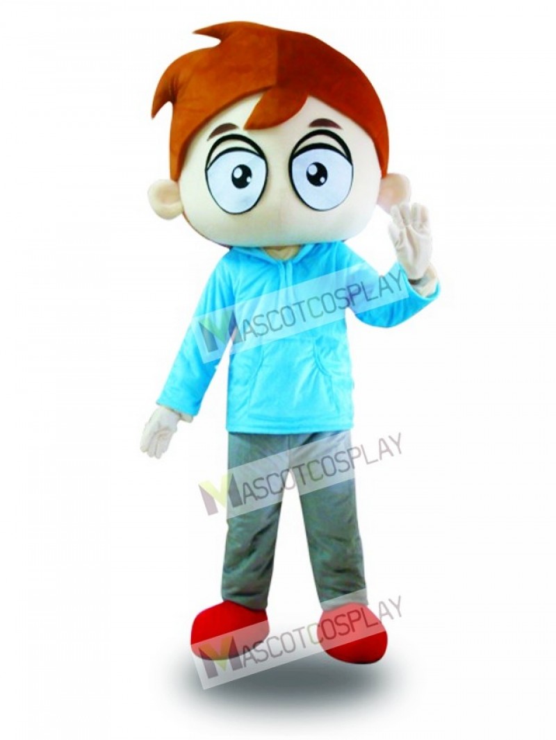 Blue Shirt Big Eyes Boy Mascot Costume