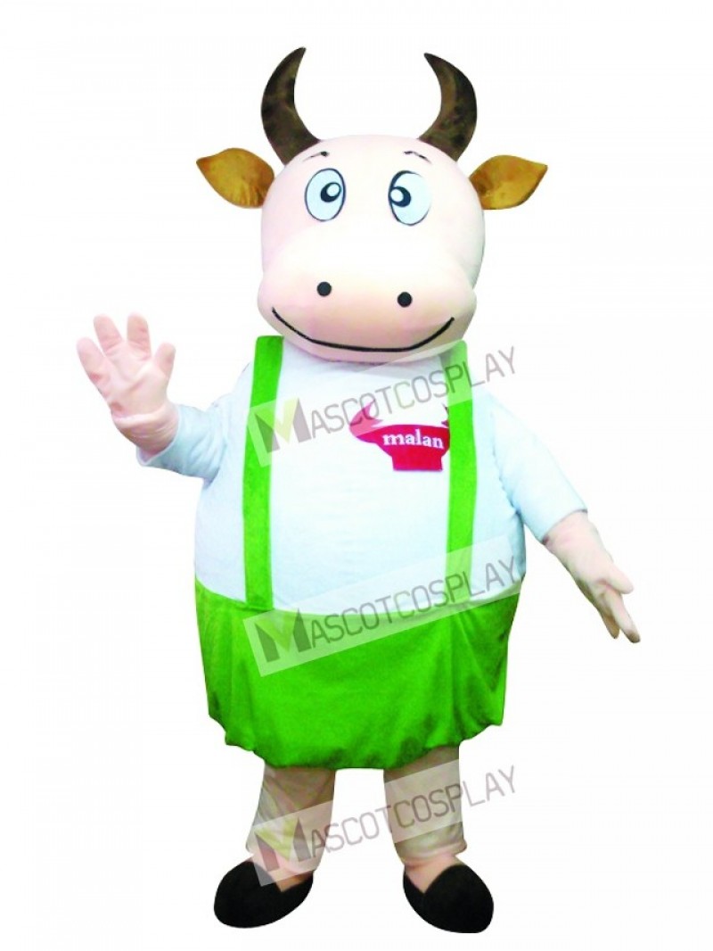 Cute Fat Cow with Blue Overalls Mascot Costume