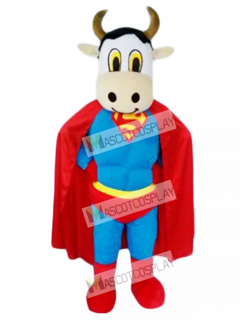 Cute Super Cow Cattle with Superman Cape Mascot Costume