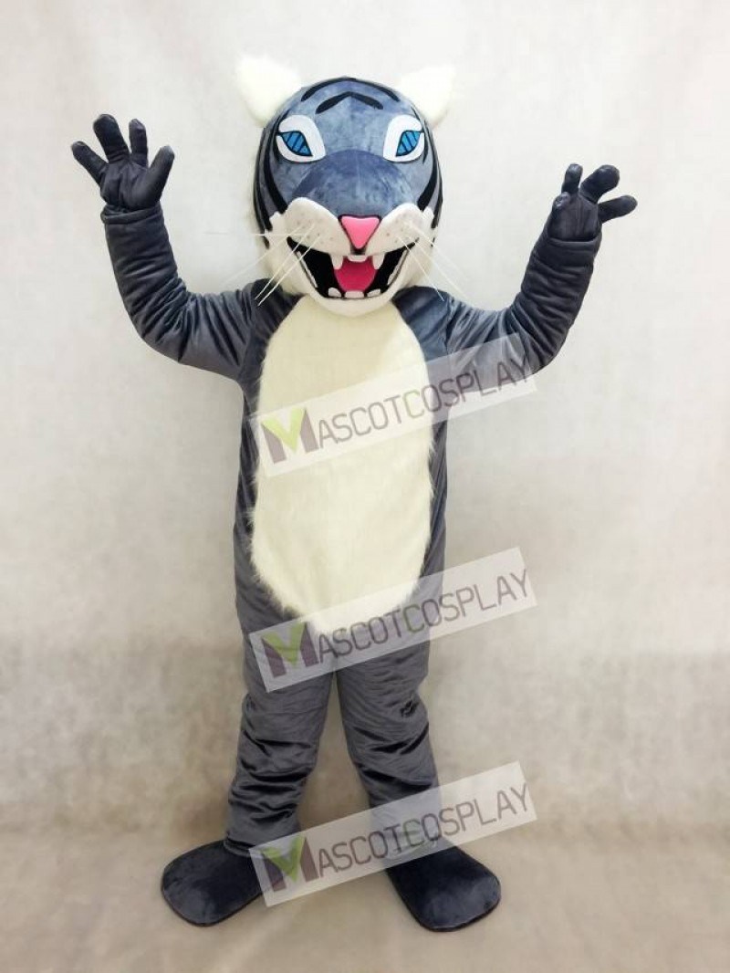 Gray Wildcat Mascot Costume with Blue Eyes