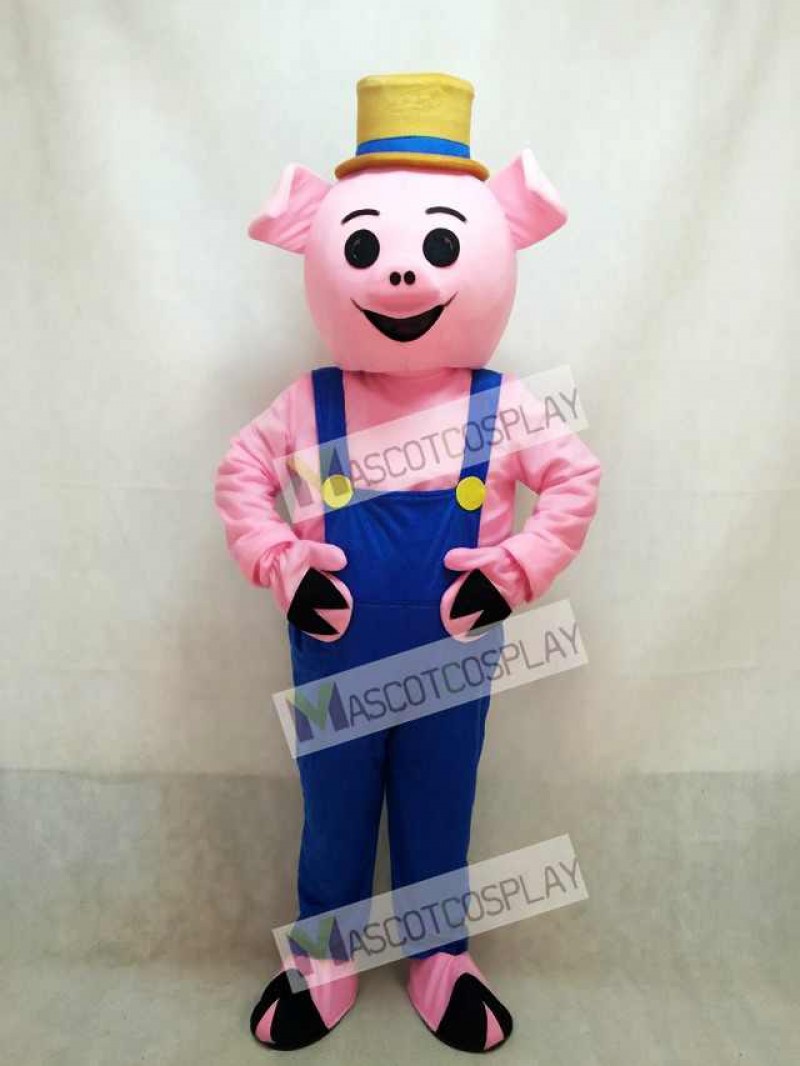 Hot Sale Farmer Piglet Pig Hog with Blue Overalls & Hat Mascot Costume