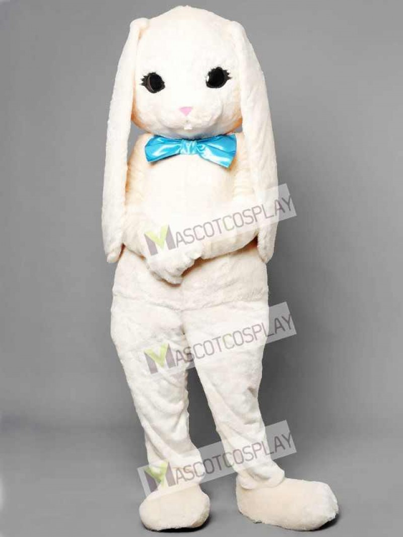 White Bunny Easter Rabbit Hare with Blue Bow Mascot Costume