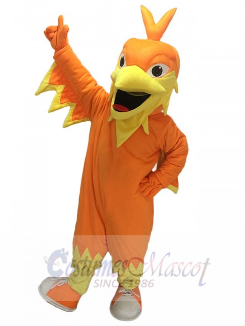 Orange Phoenix Mascot with Pointy head, Wings, Tail and Tennis Shoes
