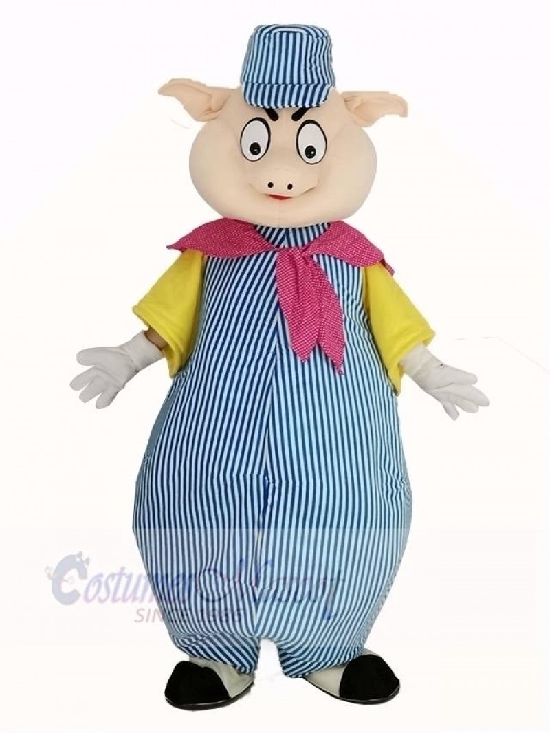 Pig in Blue and White Stripe Suit Mascot Costume