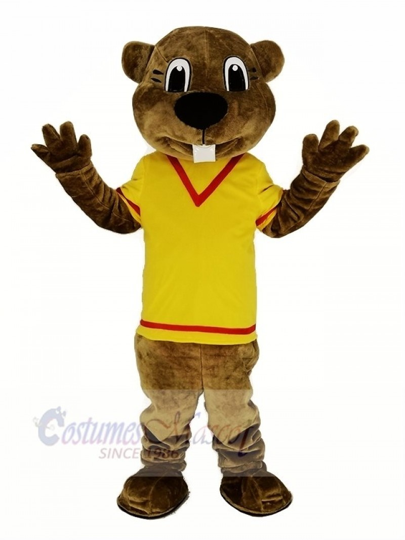 Brown Beaver in Yellow Shirt Mascot Costume Animal