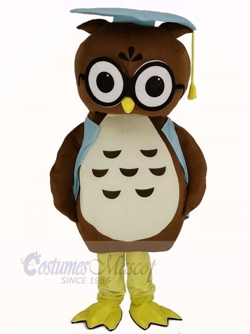 Brown Doctor Owl in Blue Vest Mascot Costume