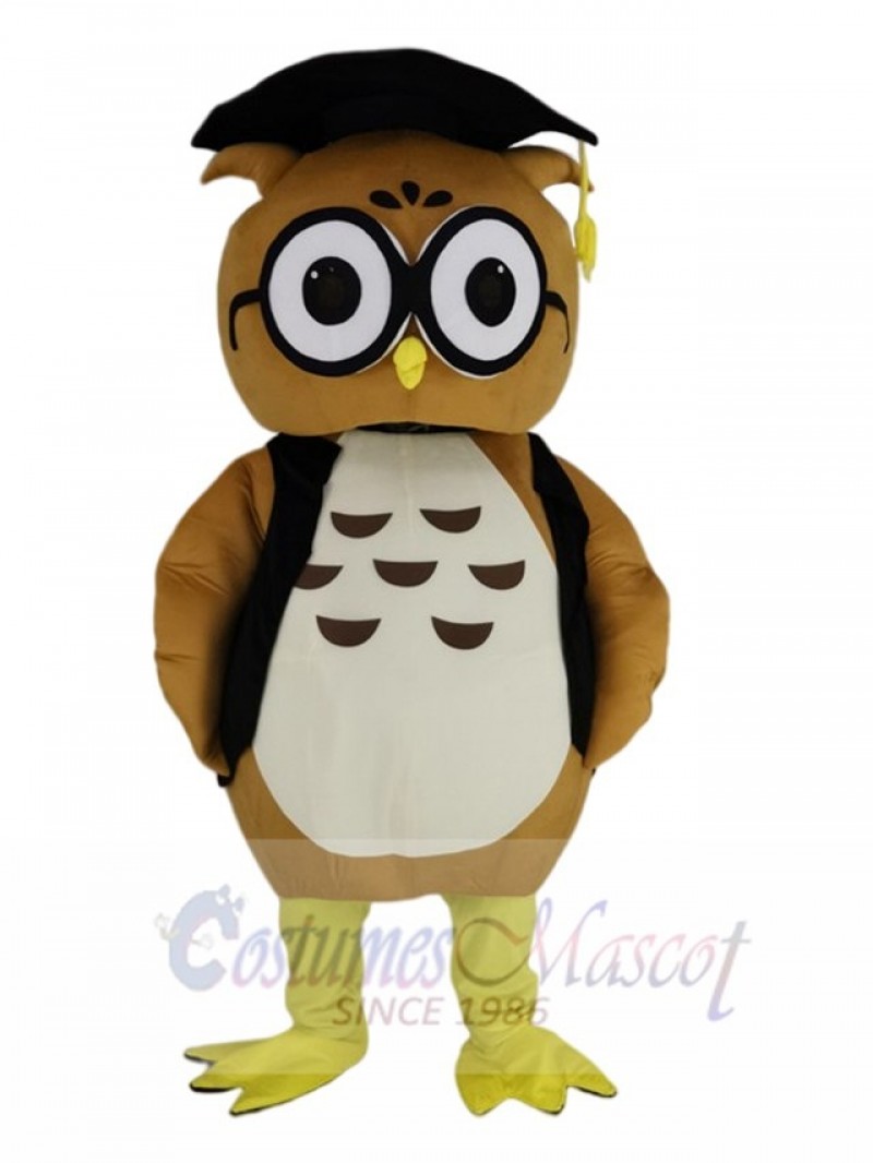 Brown Doctor Owl in Black Vest Mascot Costume