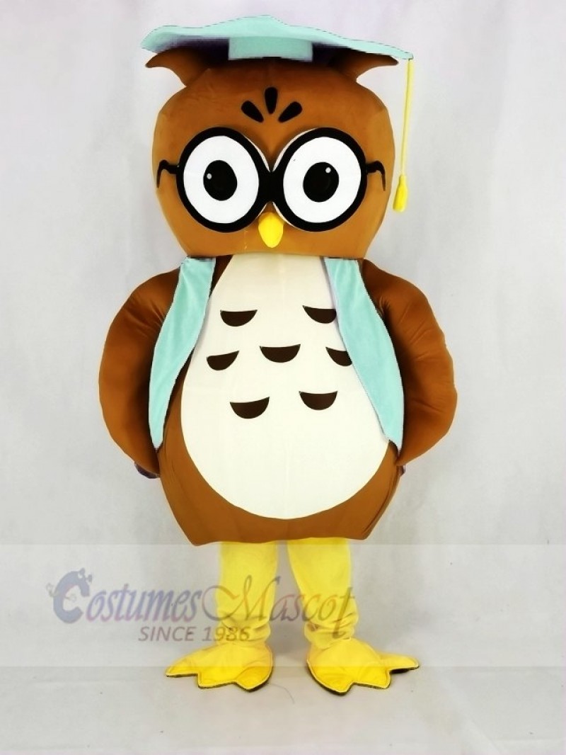 Brown Owl with Blue Vest Mascot Costume College  