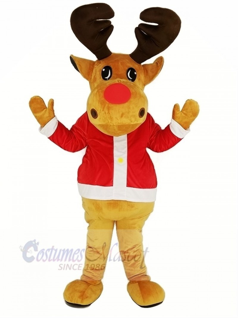 Brown Reindeer with Red Coat Mascot Costume Christmas Xmas