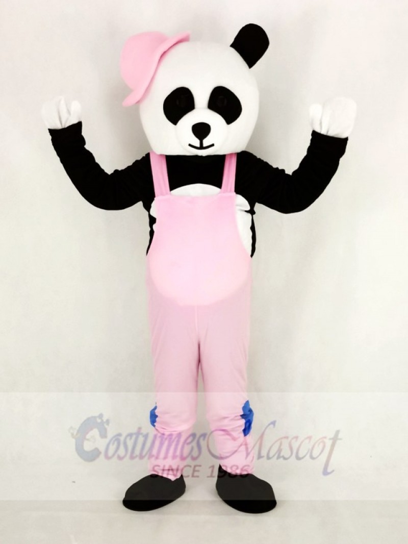 Panda with Pink Overalls and Hat Mascot Costume Cartoon