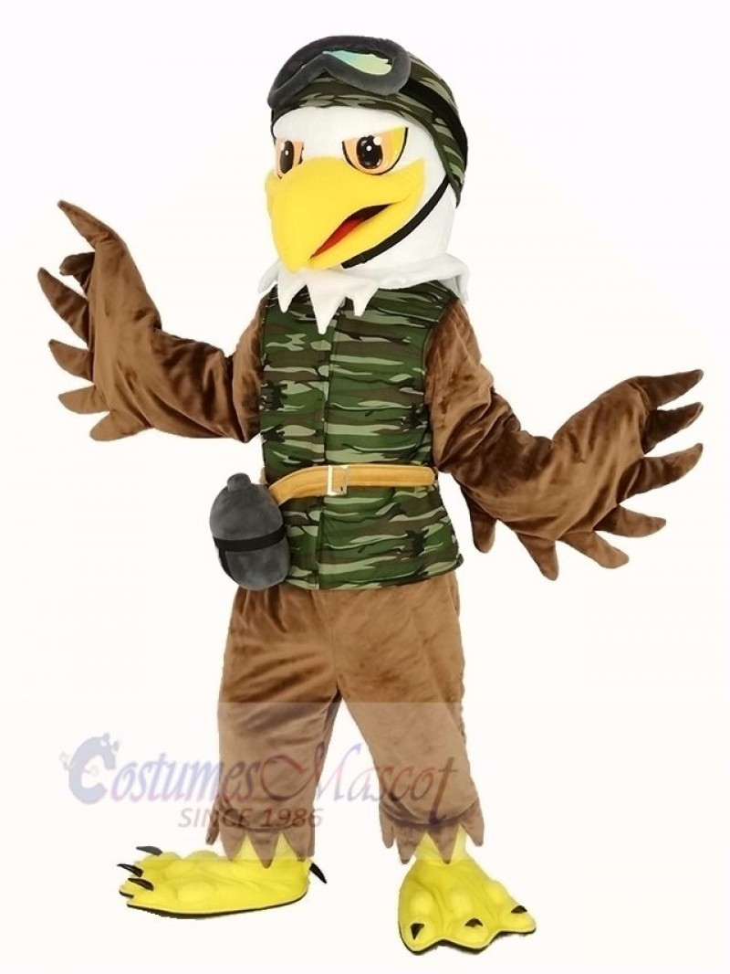 Cool Brown Eagle in Camouflage Vest Mascot Costume