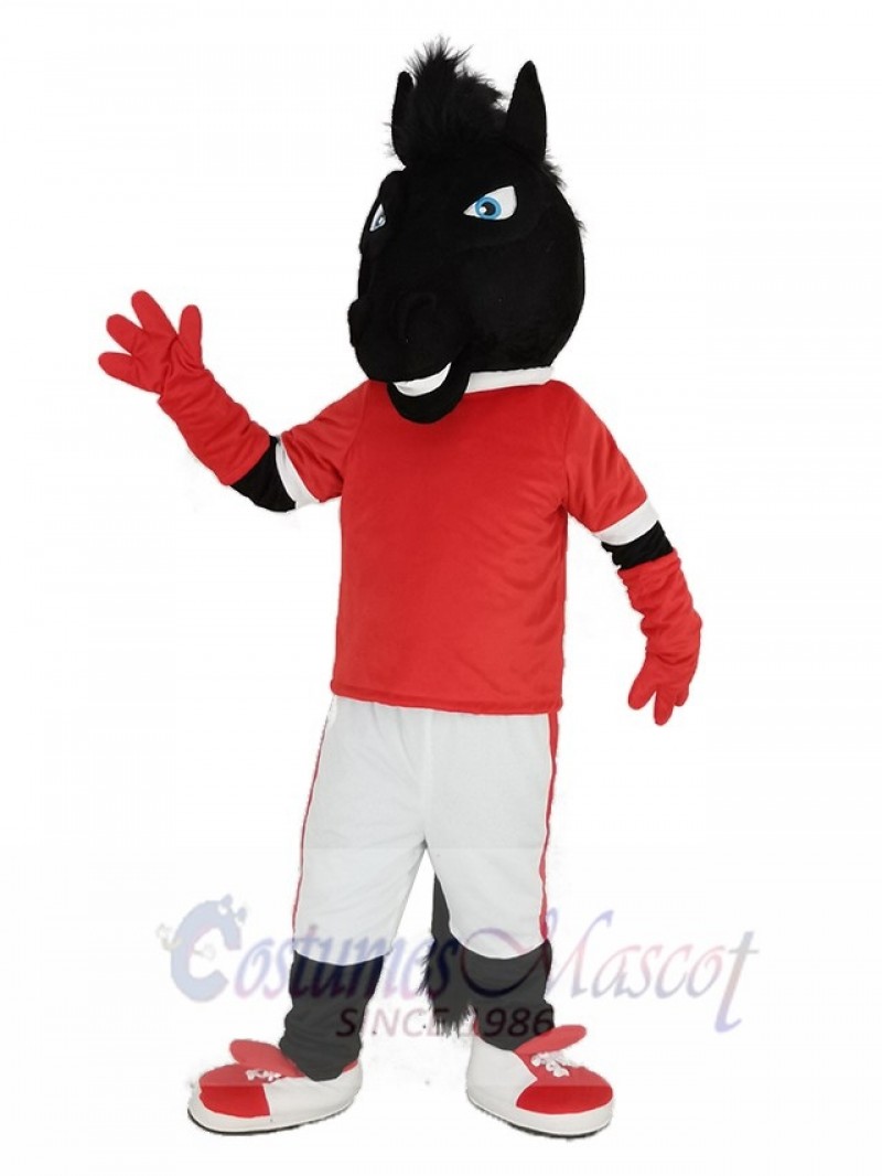 Black Horse in Red Jersey Mascot Costume Animal