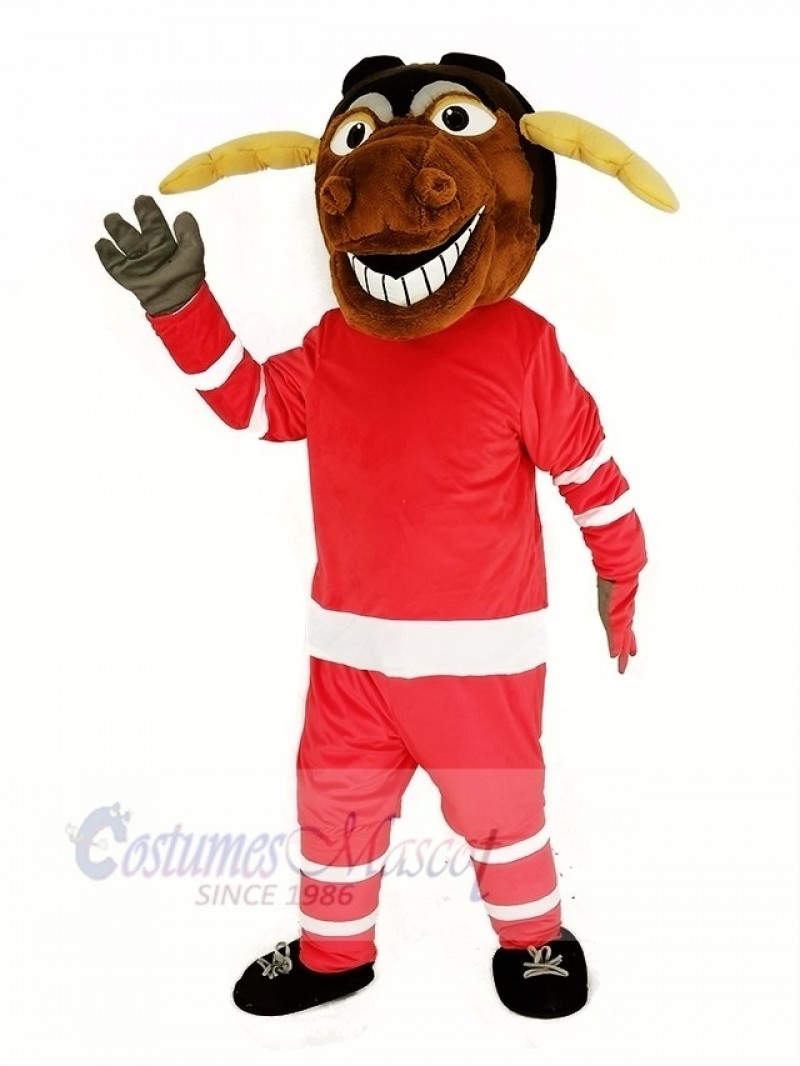 Moose Ice Hockey Player with Red Sweatshirt Mascot Costume