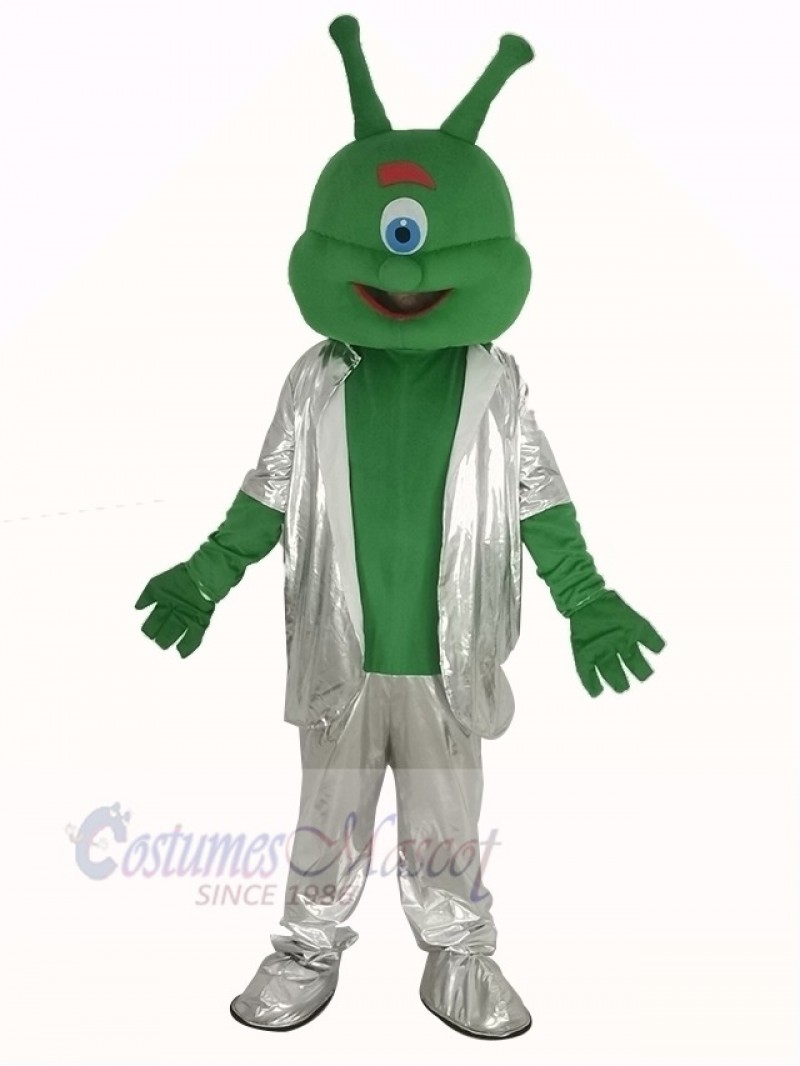 Green Alien in Silver Suit Mascot Costume