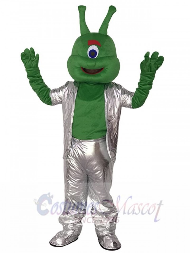 Green Alien in Silver Suit Mascot Funny Costume