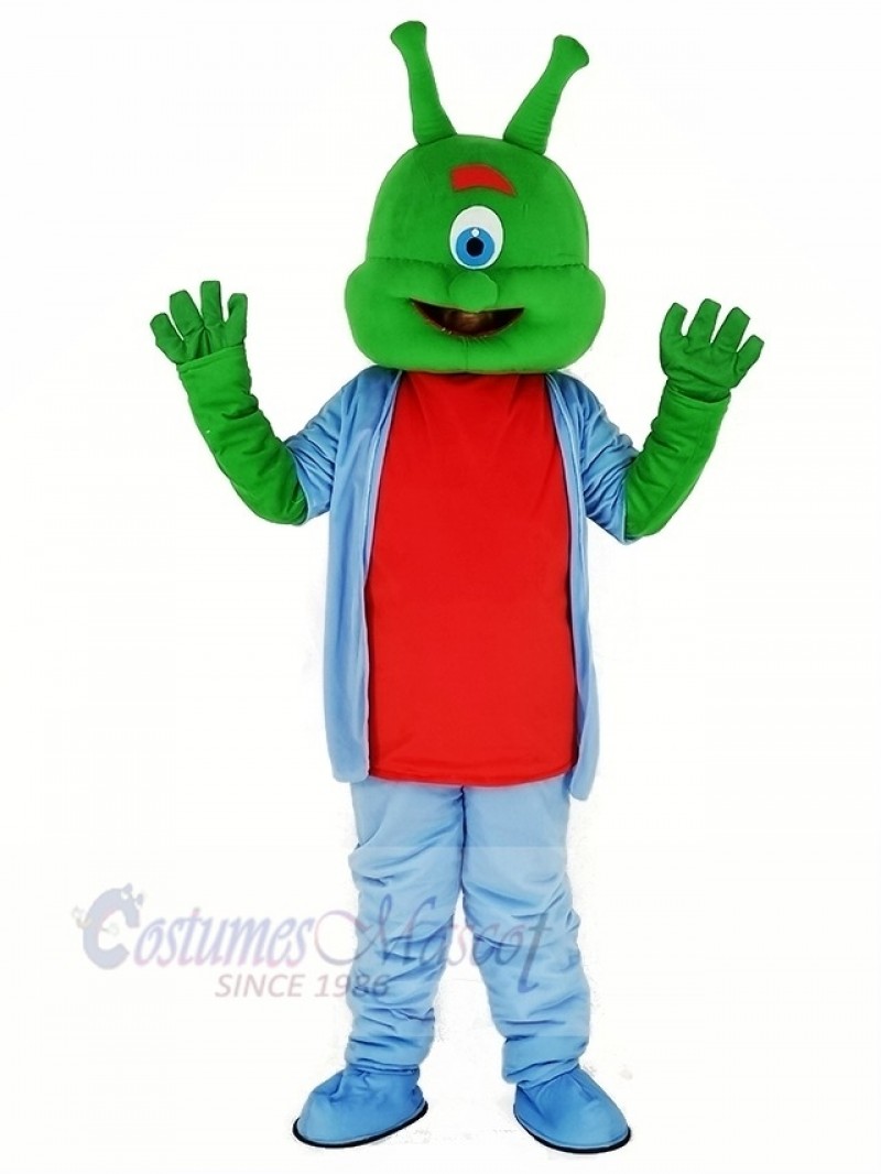 Green Alien with Blue Coat Mascot Costume Cartoon	