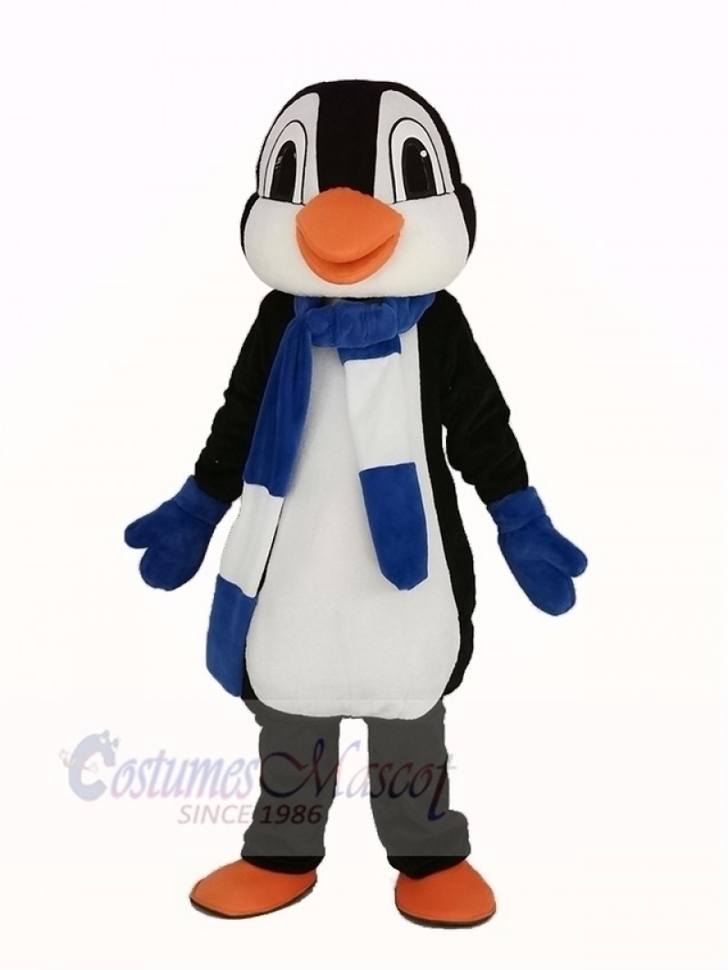 Penguin With Blue and White Scarf Mascot Costume