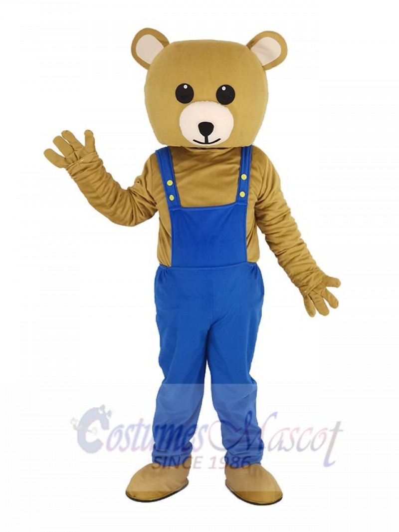 Brown Teddy Bear in Blue Overalls Mascot Costume Animal