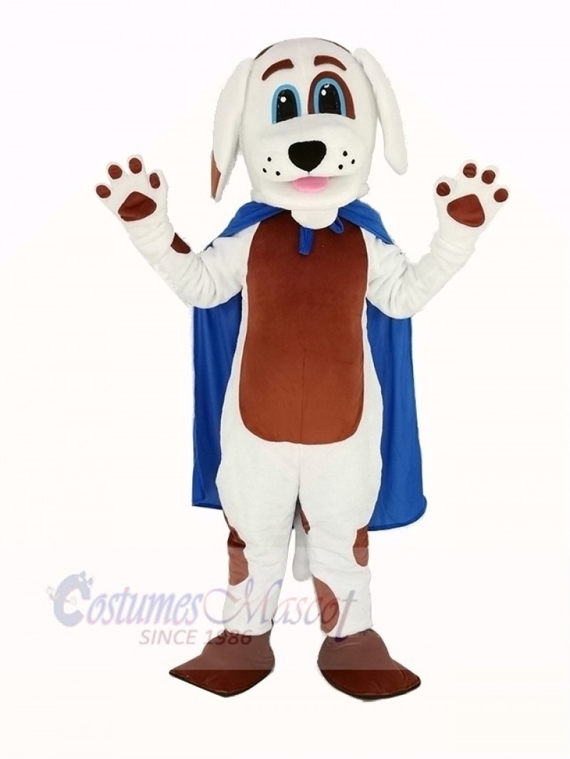 White Dog Brown Belly in Blue Cape Mascot Costume