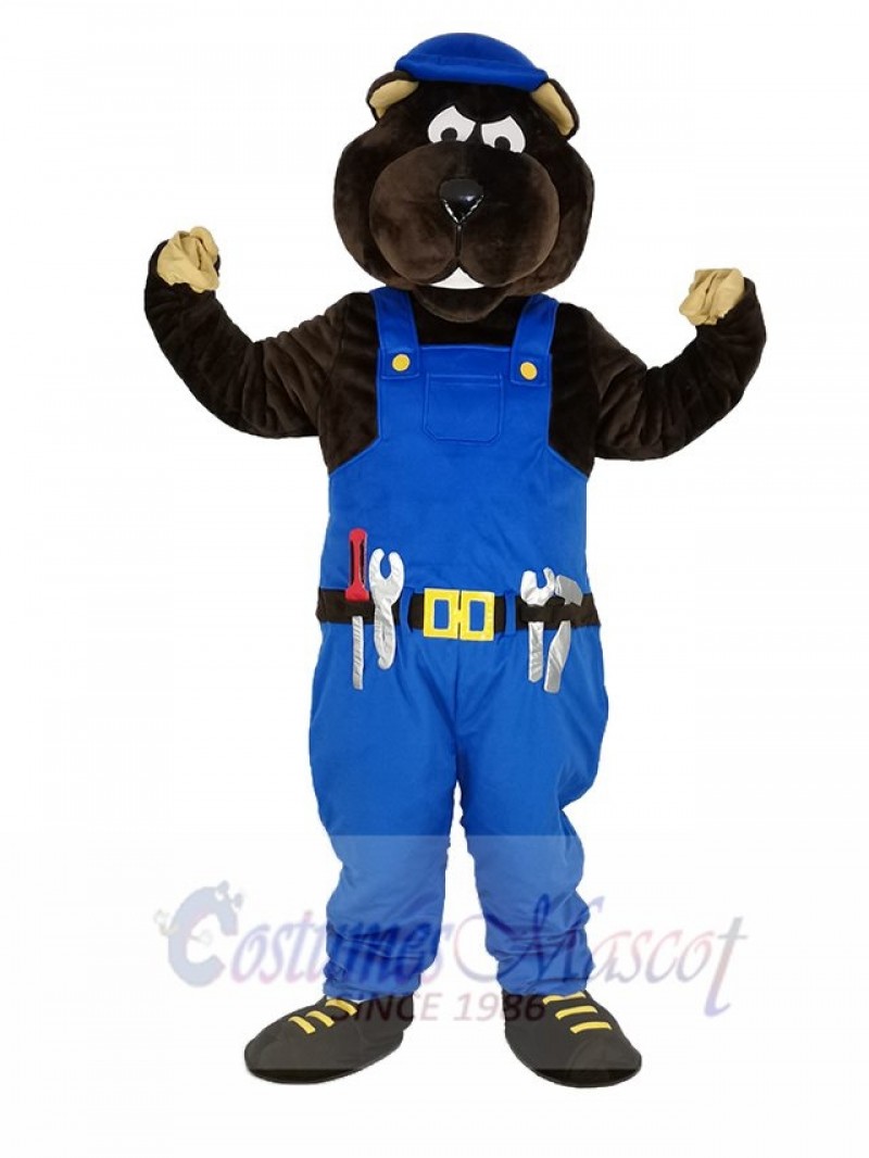 Gopher Worker in Blue Overalls Mascot Costume Animal