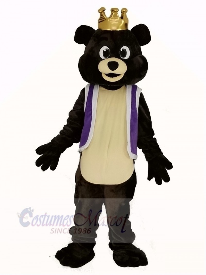 Dark Brown King Bear in Purple Waistcoat Mascot Costume Animal