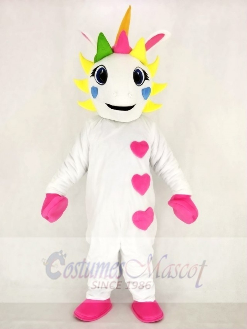 Realistic White Unicorn with Hearts and Colorful Horn Mascot Costume Cartoon