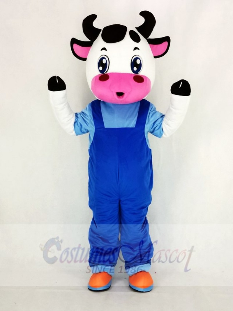 Cute Cow with Blue Overalls Mascot Costume Cartoon