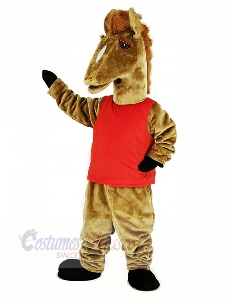 Brown Mustang with Red Vest Mascot Costume Animal