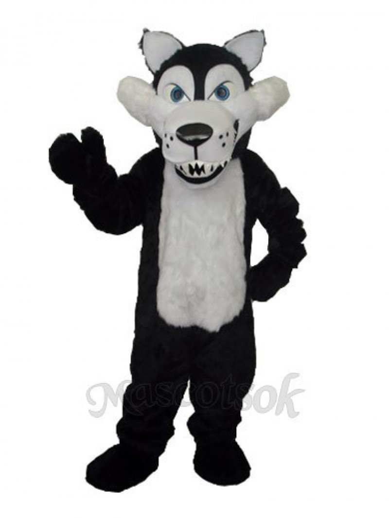 Long Wool Big Black Wolf with White Belly Mascot Adult Costume