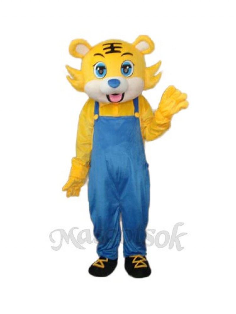 Yellow Tiger in Blue Overall Mascot Adult Costume