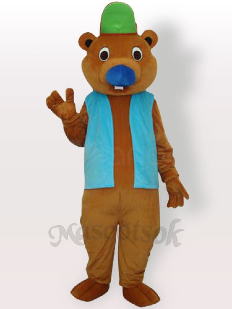 Bear with Green Hat and Blue Vest Adult Mascot Costume