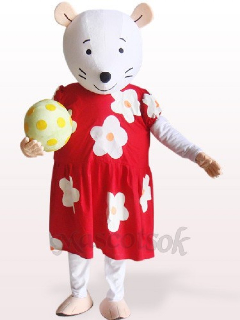 Cute Mouse In Red And White Floral Dress Plush Mascot Costume