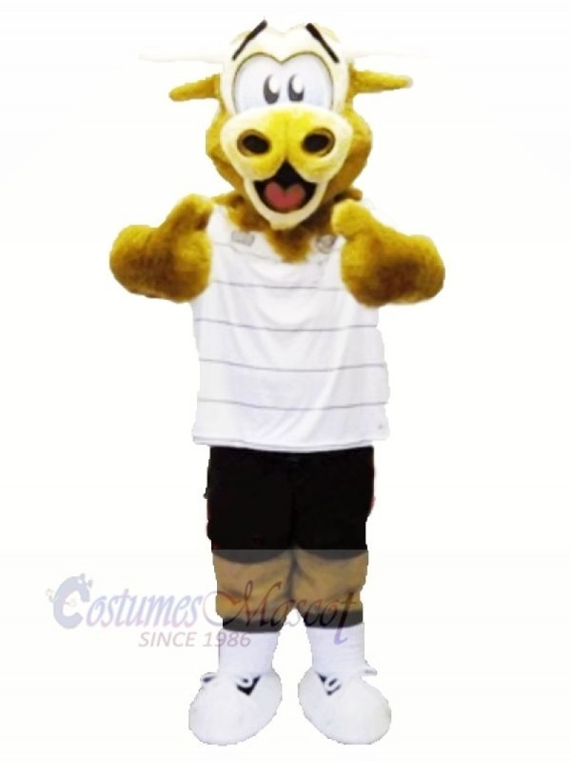 Brown Fluffy Cow with White T-shirt Mascot Costumes Animal