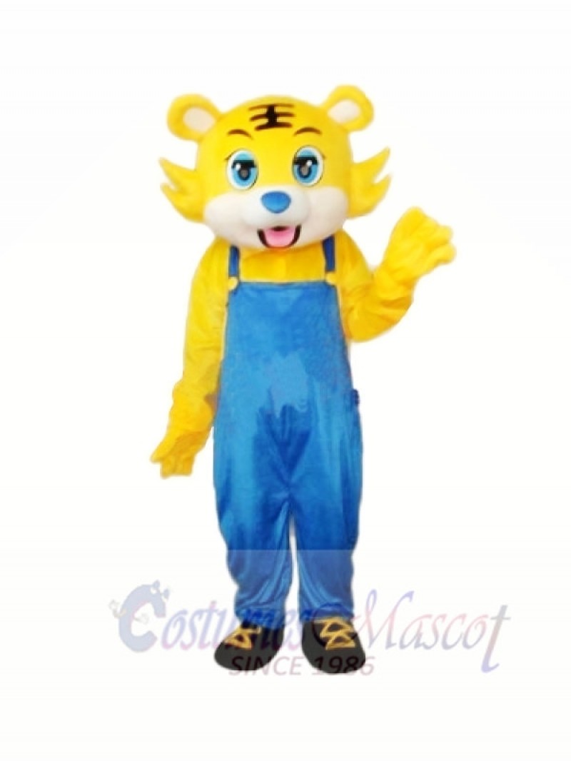 Yellow Tiger in Blue Overall Mascot Adult Costume Free Shipping 