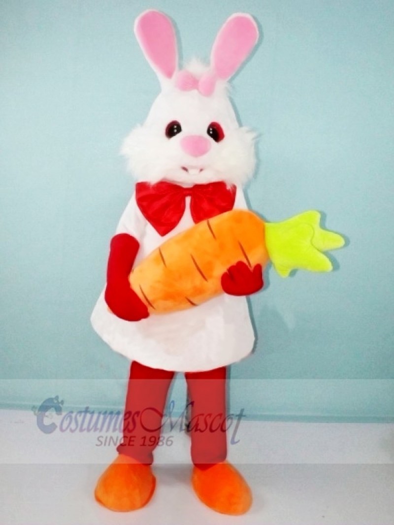 White Bunny Rabbit with Carrot Mascot Costumes Cartoon