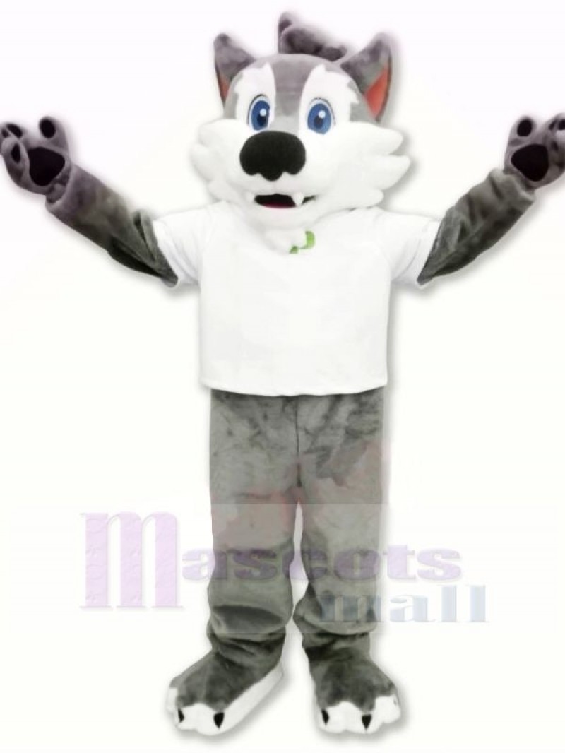 College Wolf with White T-shirt Mascot Costumes Cartoon